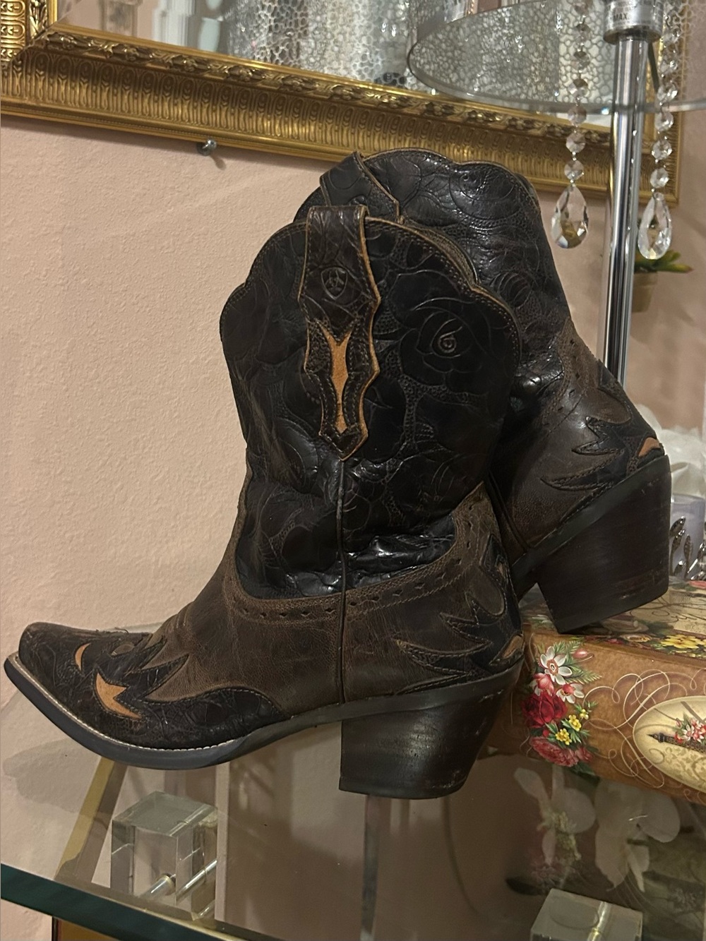 Ariat Dahlia Brown and Black Floral and Flames Western Ankle Boots Size 9.5